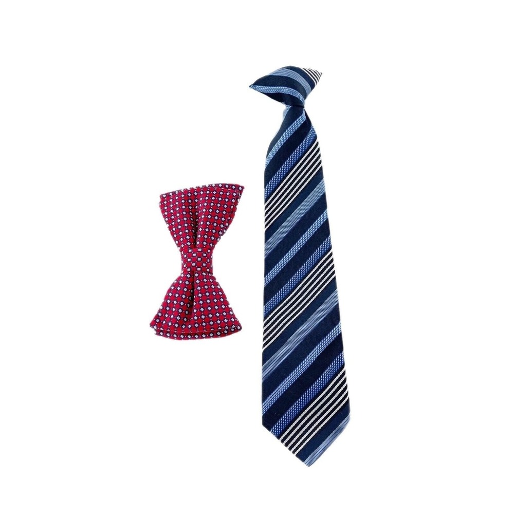 Boys 2 Piece Tie Set‎ Blue Striped Necktie Red Patterned Bow Formal Wear Clip